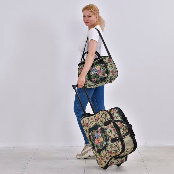 Beige Flower Travel Bag - Large Wheeled Rolling Duffel Bag and Small Duffel Bag - Picture 4 of 6